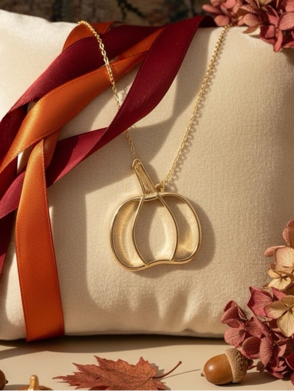 Gold Pumpkin Pendant Necklace Autumn Halloween Fairycore Cottagecore Boho Glam